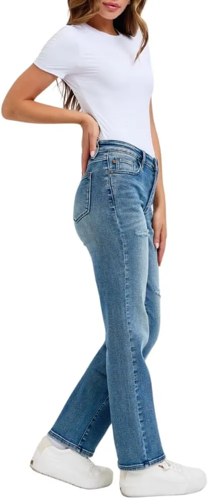 Judy Blue Mid Rise Contrast Wash Destroyed Dad Jeans, 32" Inseam