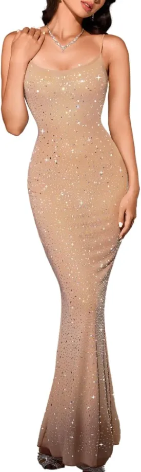 Kaei&Shi Rhinestone Mesh Dress,Glitter Sparkly Embellished Sheer Maxi Dresses,Sexy Birthday Outfit for Women Cocktail Party