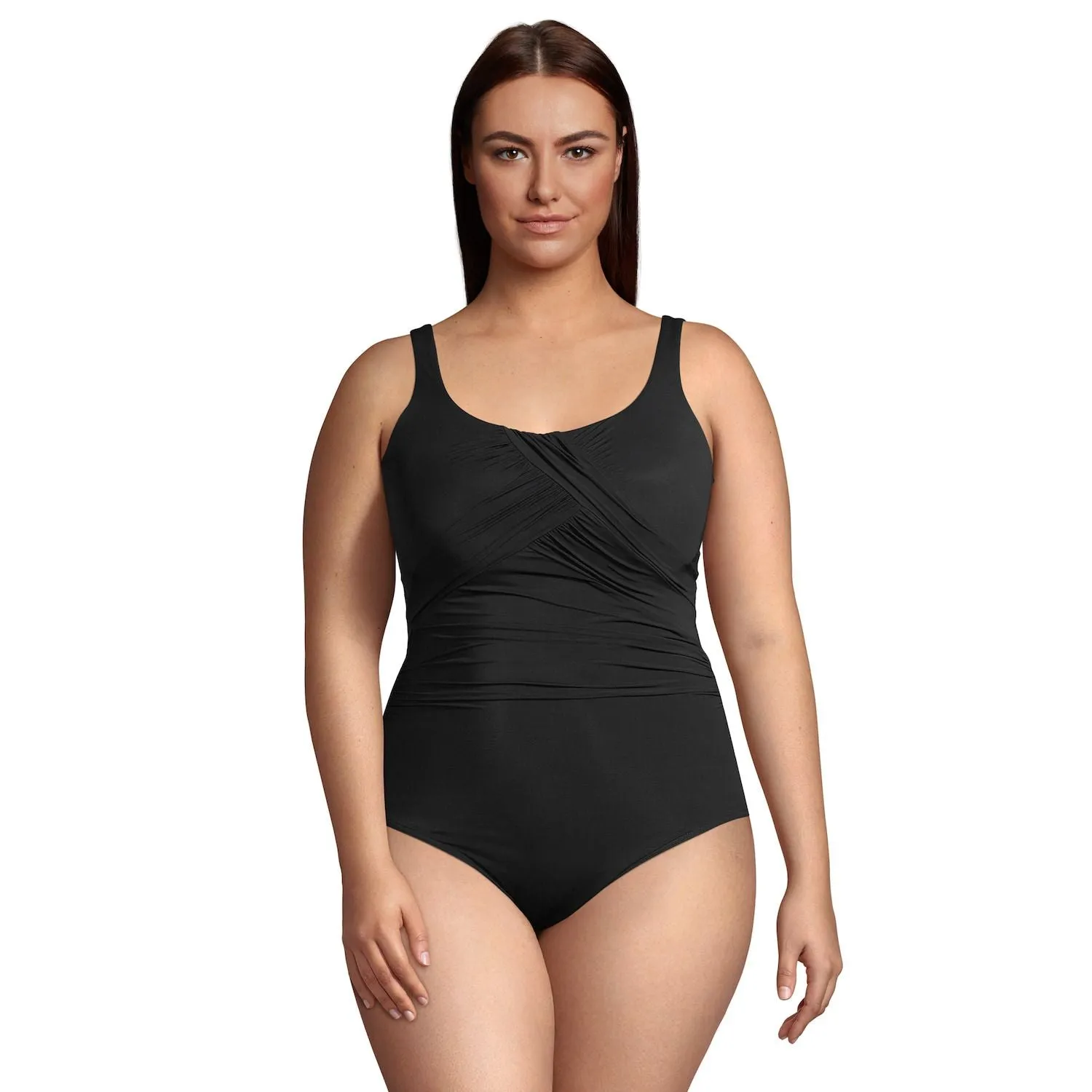 Lands' End Slender One Piece Swimsuit  Suit with DD Cup and Plus Size Tummy Control with Lands' End Print ,  black