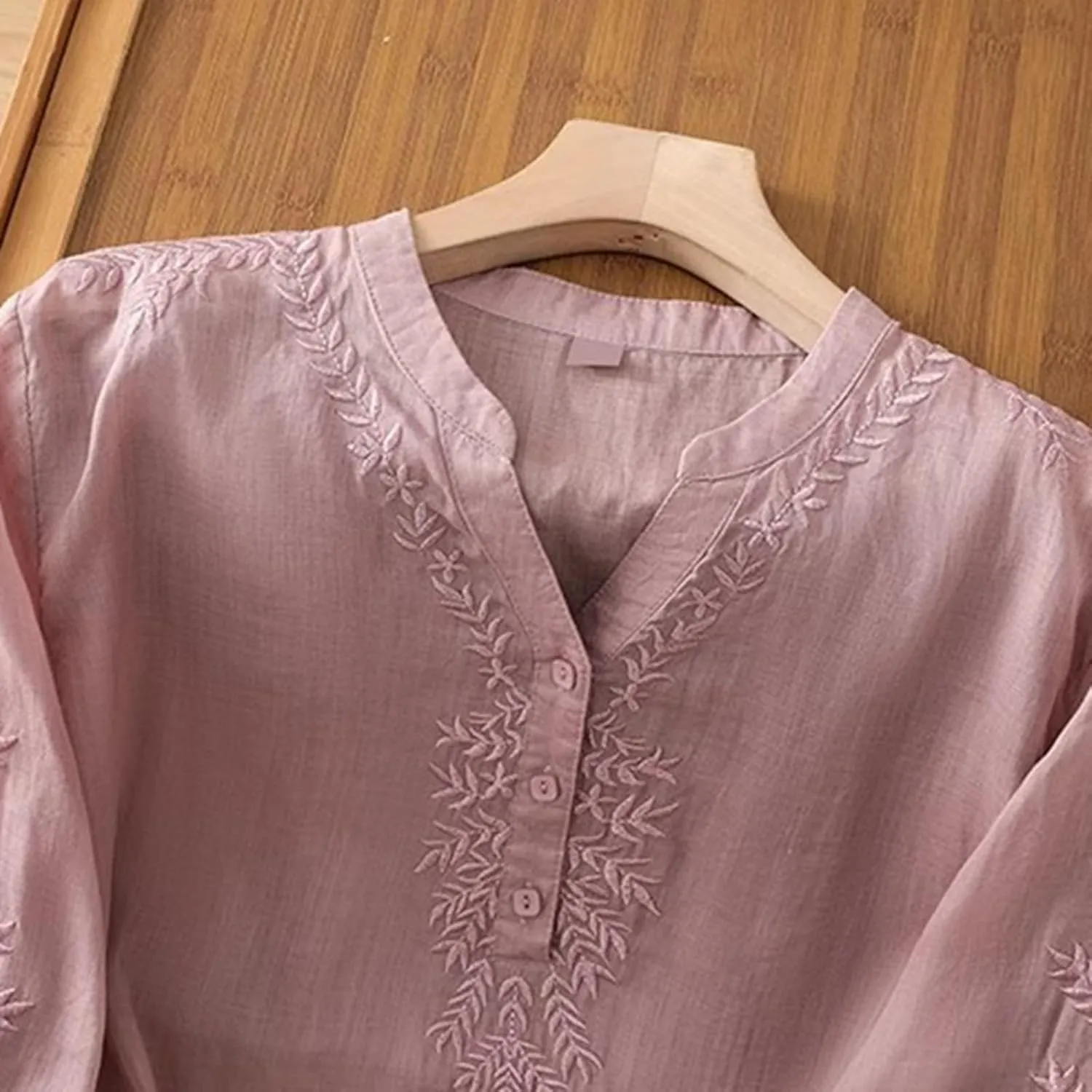 Linen Tops for Women Henley V Neck Summer 3/4 Sleeve Shirts Boho Embroidered Dressy Casual Blouses Loose Vintage Tees