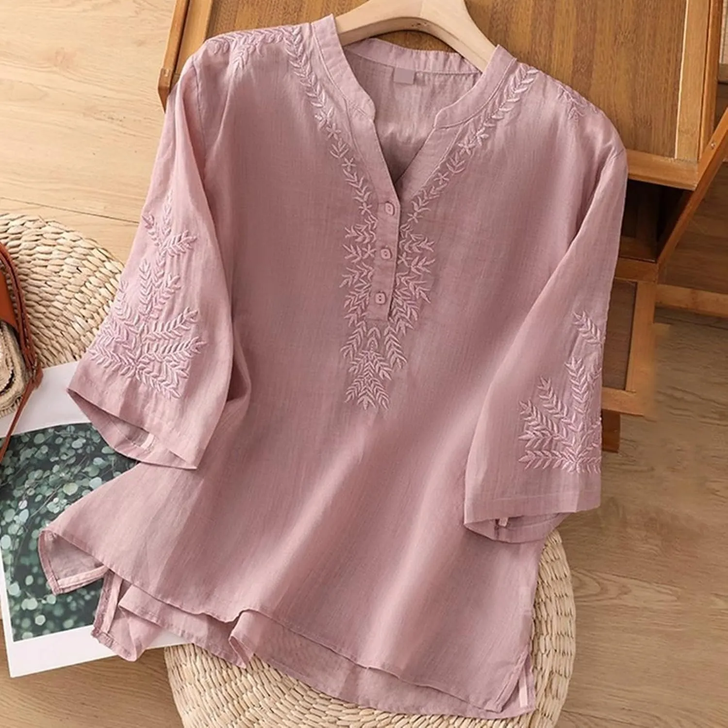 Linen Tops for Women Henley V Neck Summer 3/4 Sleeve Shirts Boho Embroidered Dressy Casual Blouses Loose Vintage Tees
