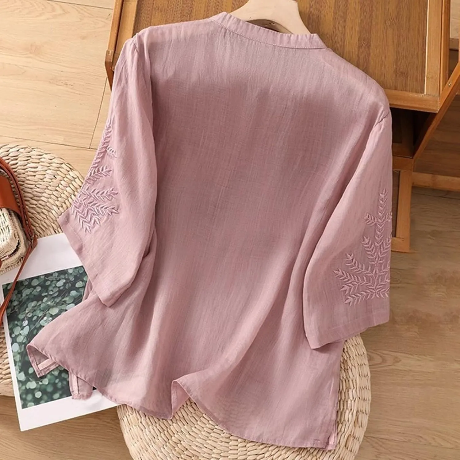 Linen Tops for Women Henley V Neck Summer 3/4 Sleeve Shirts Boho Embroidered Dressy Casual Blouses Loose Vintage Tees