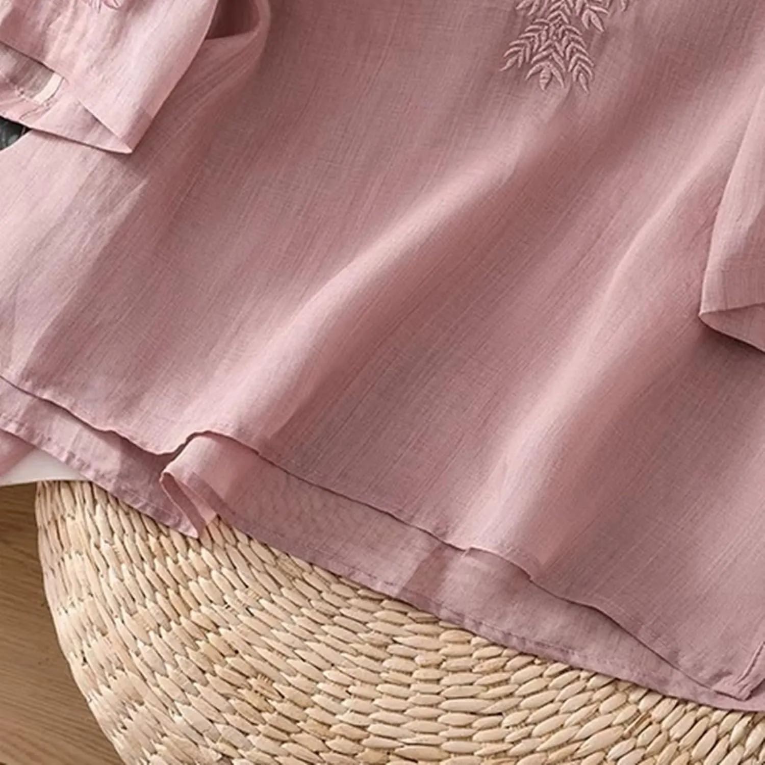 Linen Tops for Women Henley V Neck Summer 3/4 Sleeve Shirts Boho Embroidered Dressy Casual Blouses Loose Vintage Tees