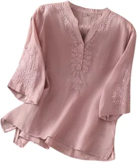 Linen Tops for Women Henley V Neck Summer 3/4 Sleeve Shirts Boho Embroidered Dressy Casual Blouses Loose Vintage Tees