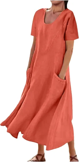 Long Dresses for Women 2025 Summer Casual Flutter Short Sleeve Crew Neck Dress Empire Waist Tiered Midi Dresses