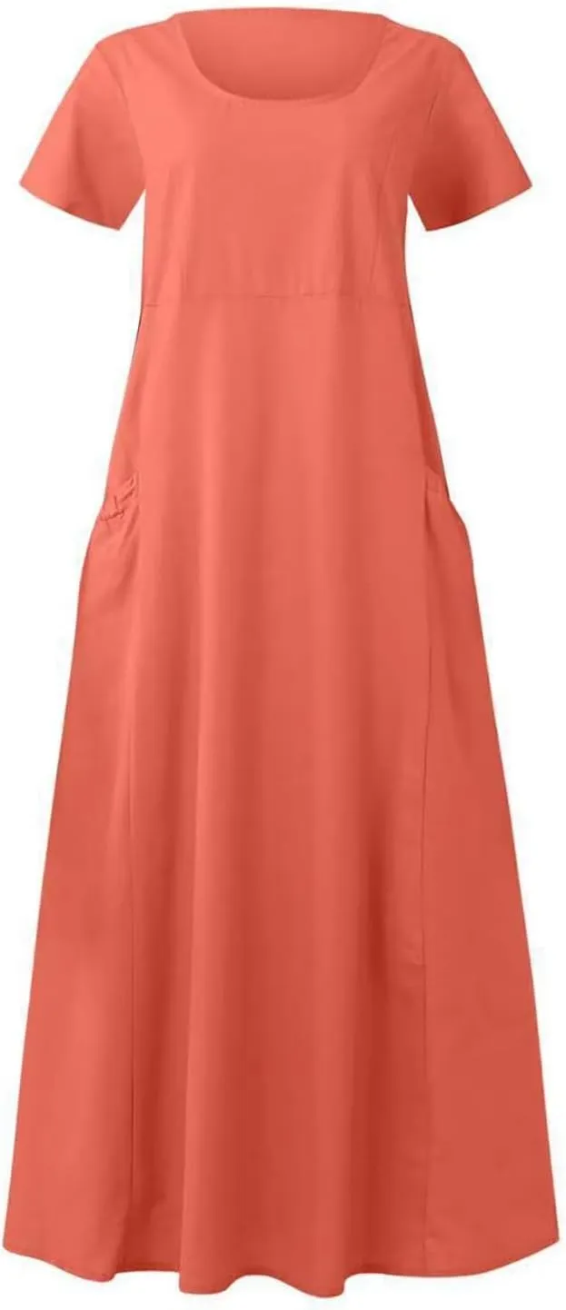 Long Dresses for Women 2025 Summer Casual Flutter Short Sleeve Crew Neck Dress Empire Waist Tiered Midi Dresses