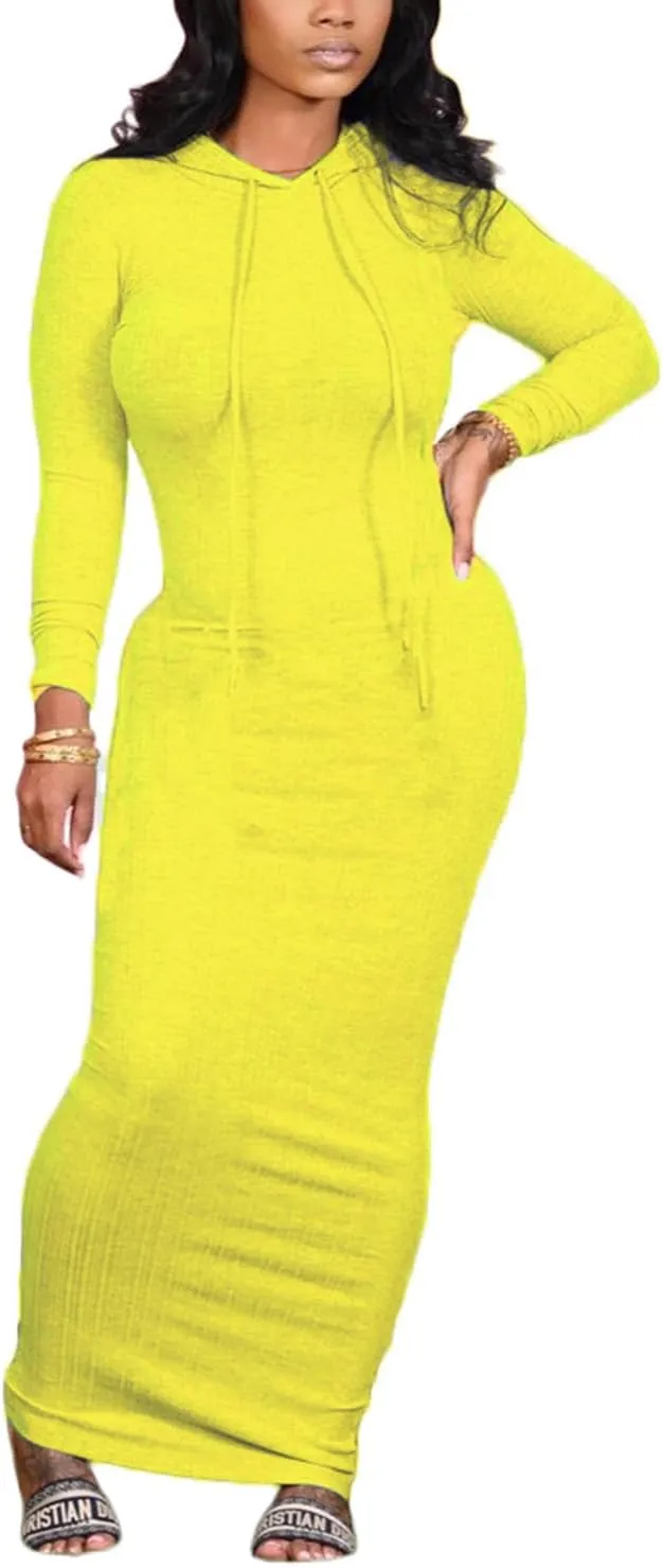 Long Sleeve Bodycon Maxi Dress for Women One Piece Hoodie Sweatshirt Dresses