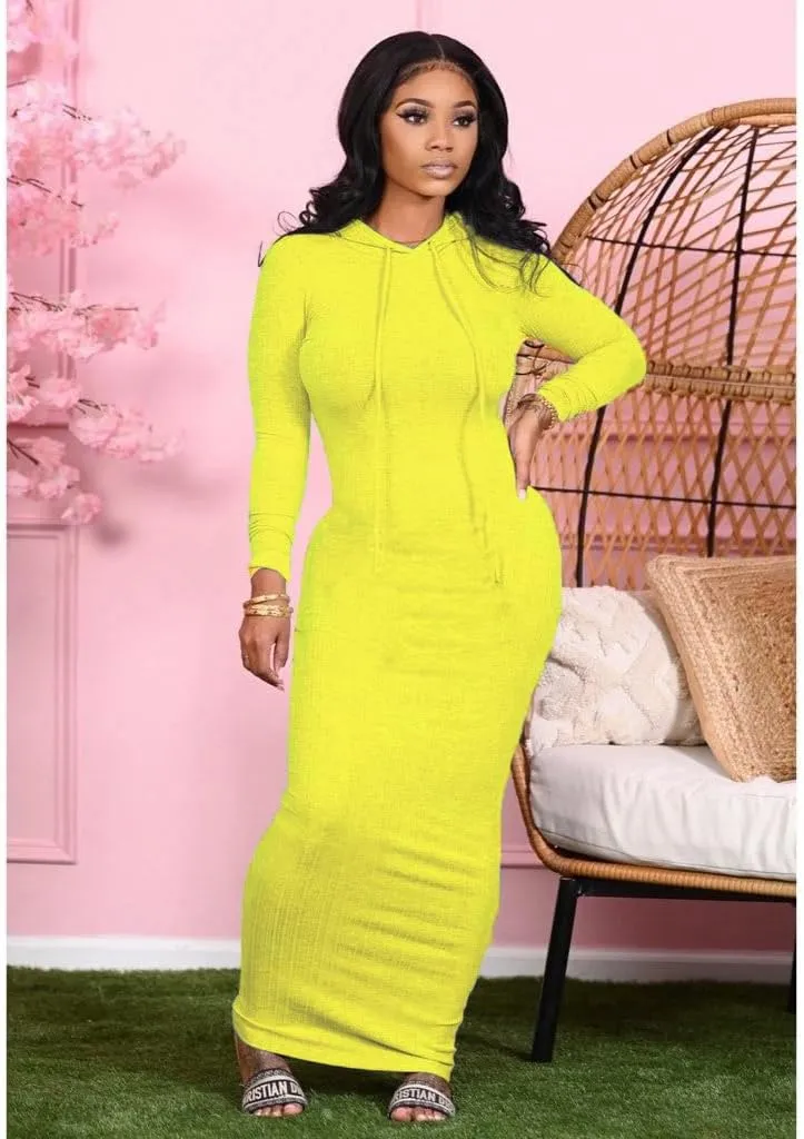 Long Sleeve Bodycon Maxi Dress for Women One Piece Hoodie Sweatshirt Dresses