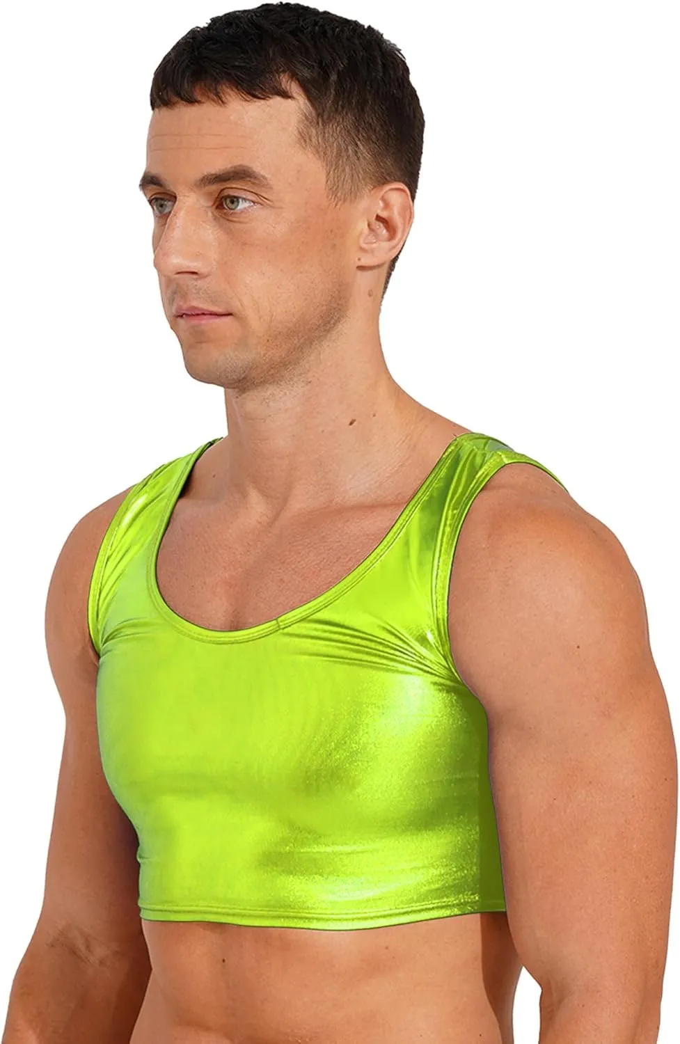 Mens Sexy Muscle Cropped Tank Tops Shiny Metallic Sleeveless Vest Party Clubwear Costume