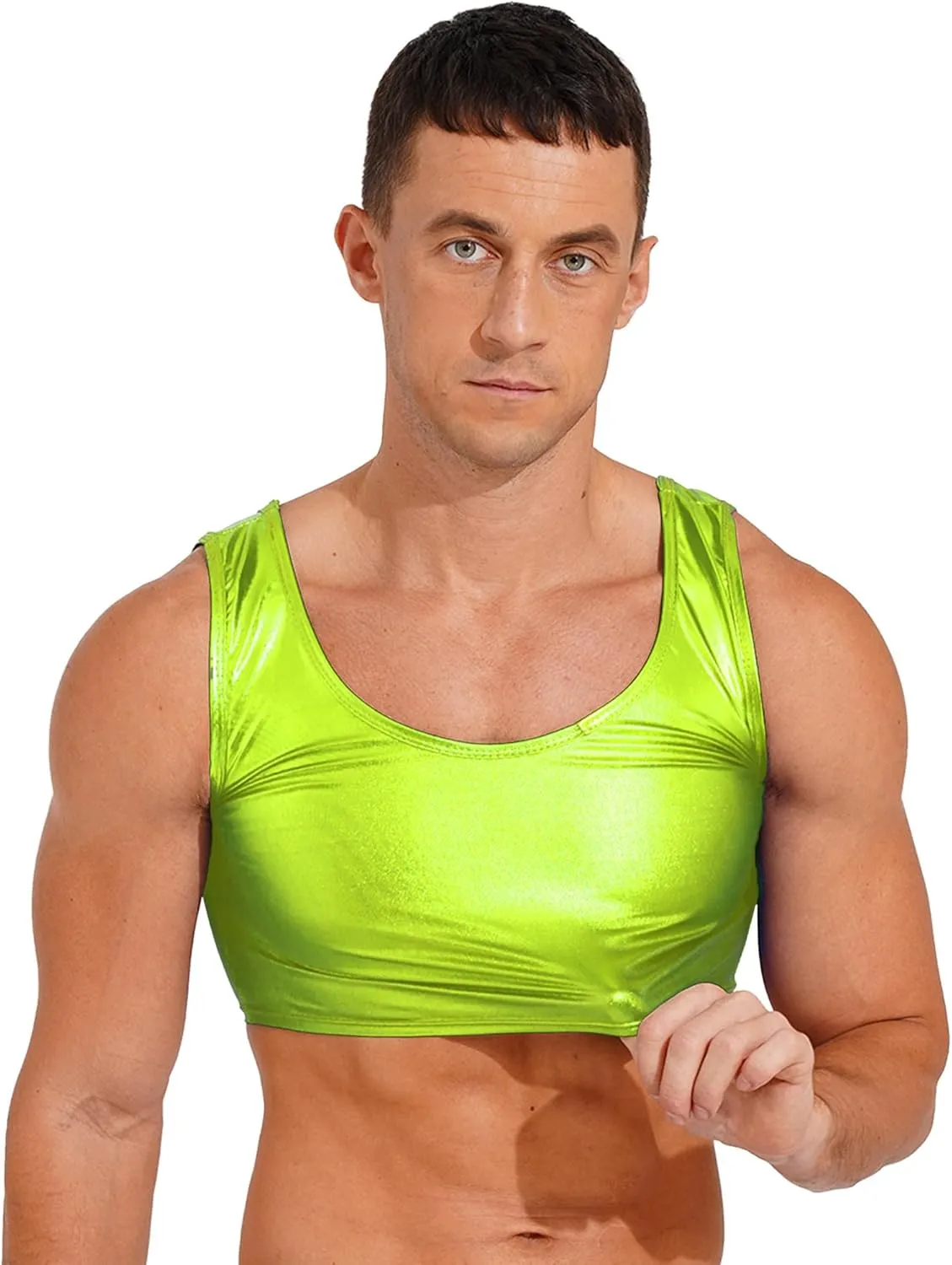 Mens Sexy Muscle Cropped Tank Tops Shiny Metallic Sleeveless Vest Party Clubwear Costume