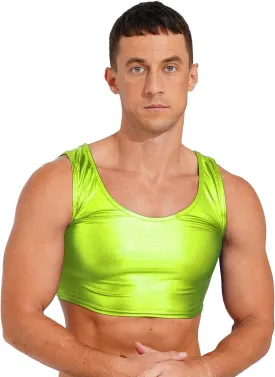 Mens Sexy Muscle Cropped Tank Tops Shiny Metallic Sleeveless Vest Party Clubwear Costume