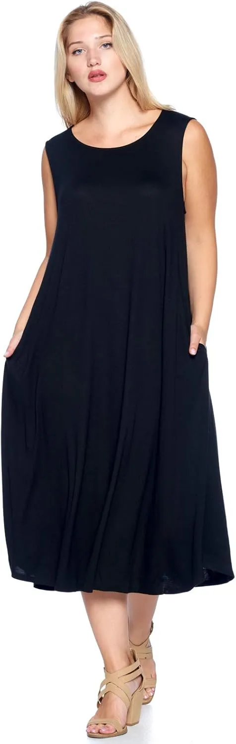 Modern Kiwi Women's Plus Size Basic Sleeveless Loose Fit Pocket Midi Maxi Dress (1X-4X)