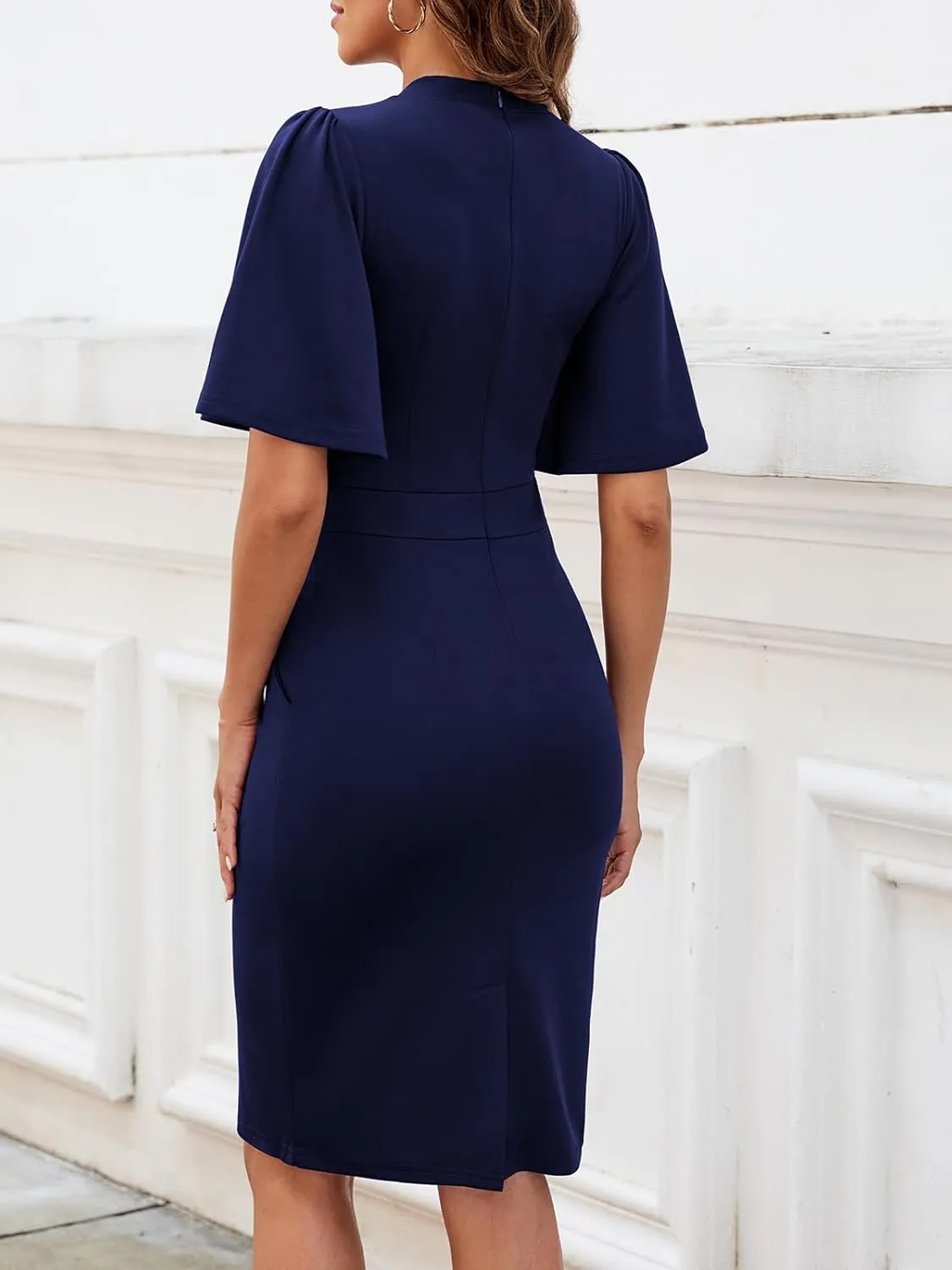 Mokayee Womens Collar Ruffle Sleeve Bodycon Church Cocktail Pencil Midi Dresses with Pockets