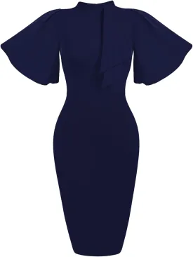 Mokayee Womens Collar Ruffle Sleeve Bodycon Church Cocktail Pencil Midi Dresses with Pockets