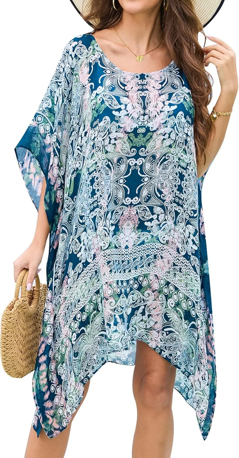 Moss Rose Women's Beach Kaftan Dresses Kimono Swimsuit Cover up for Bathing Suit with Floral Pattern
