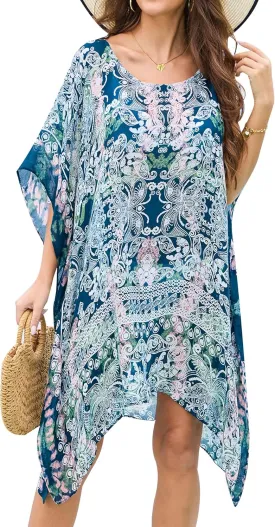 Moss Rose Women's Beach Kaftan Dresses Kimono Swimsuit Cover up for Bathing Suit with Floral Pattern