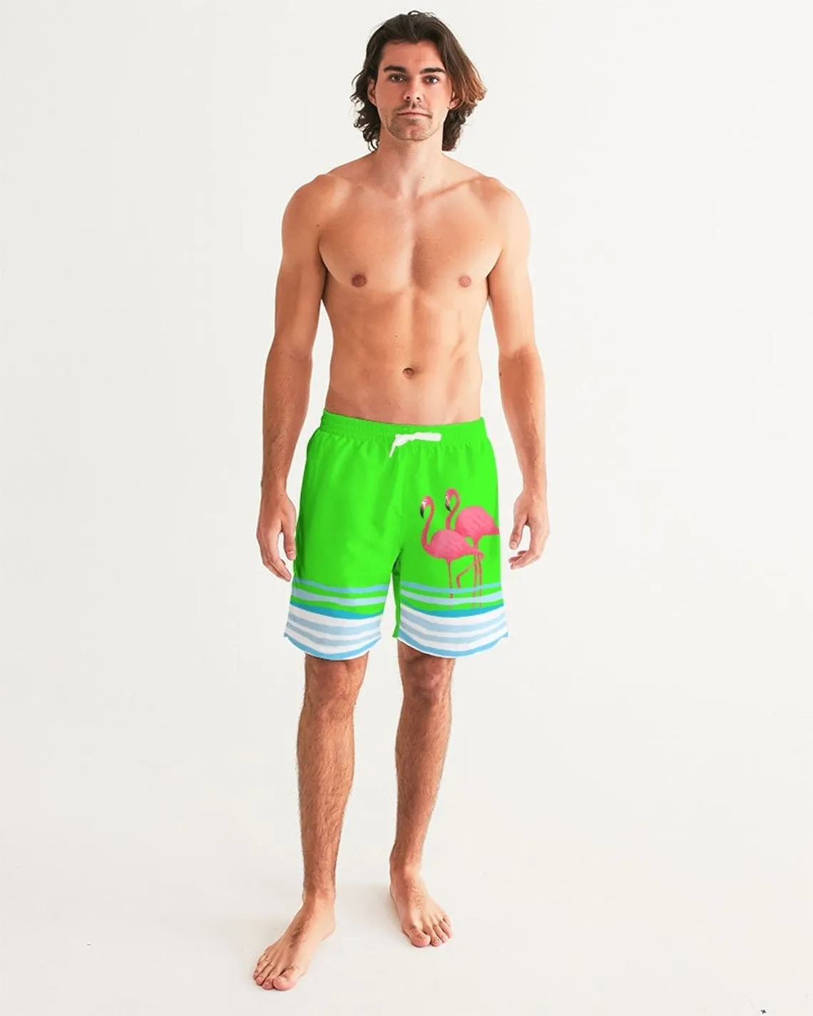 NEON GREEN COUPLES PINK FLAMINGOS & BLUE WAVES SWIMSUIT SET