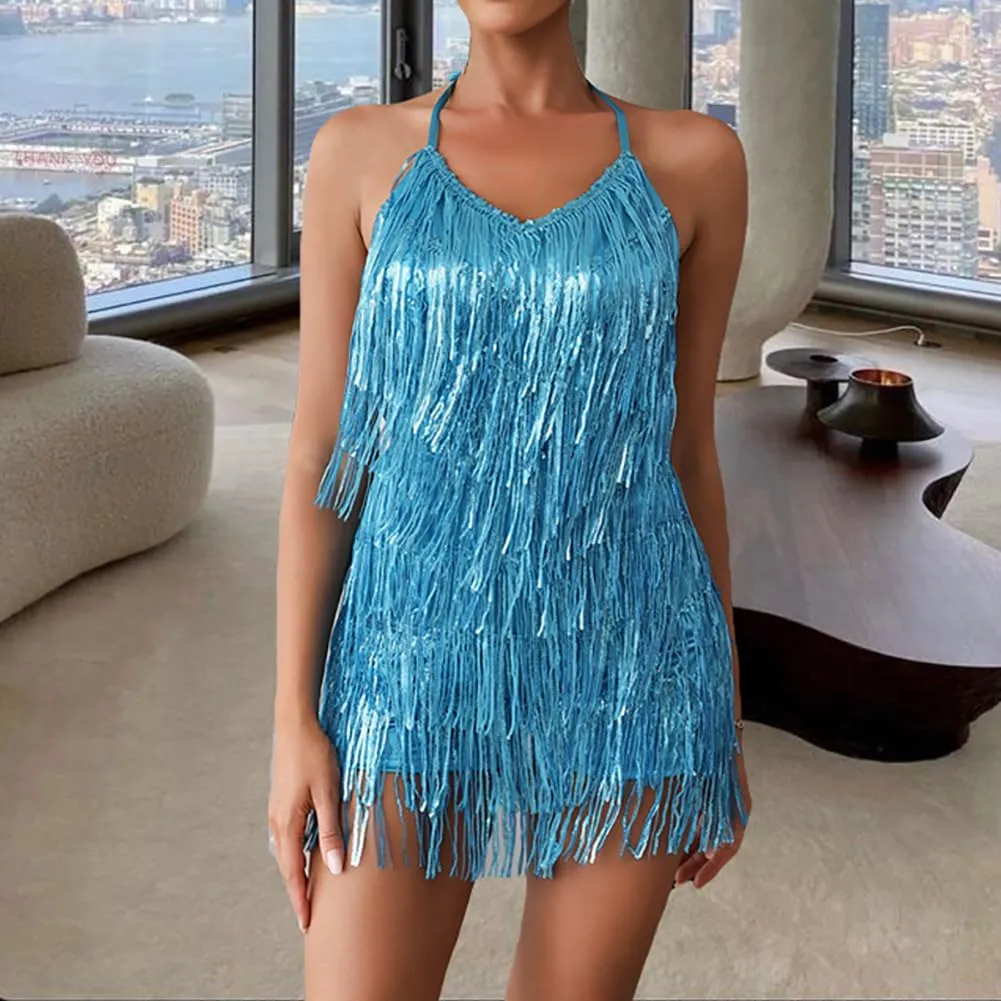 ODIZLI Women's Sleeveless V Back Sequins Fringe Jumpsuit One Piece Short Romper Party Nightclub