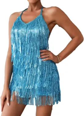ODIZLI Women's Sleeveless V Back Sequins Fringe Jumpsuit One Piece Short Romper Party Nightclub