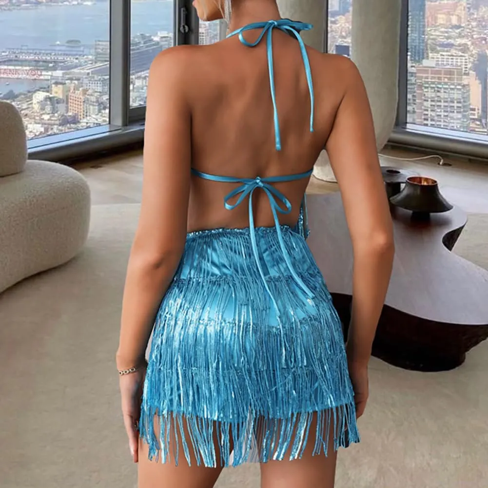 ODIZLI Women's Sleeveless V Back Sequins Fringe Jumpsuit One Piece Short Romper Party Nightclub