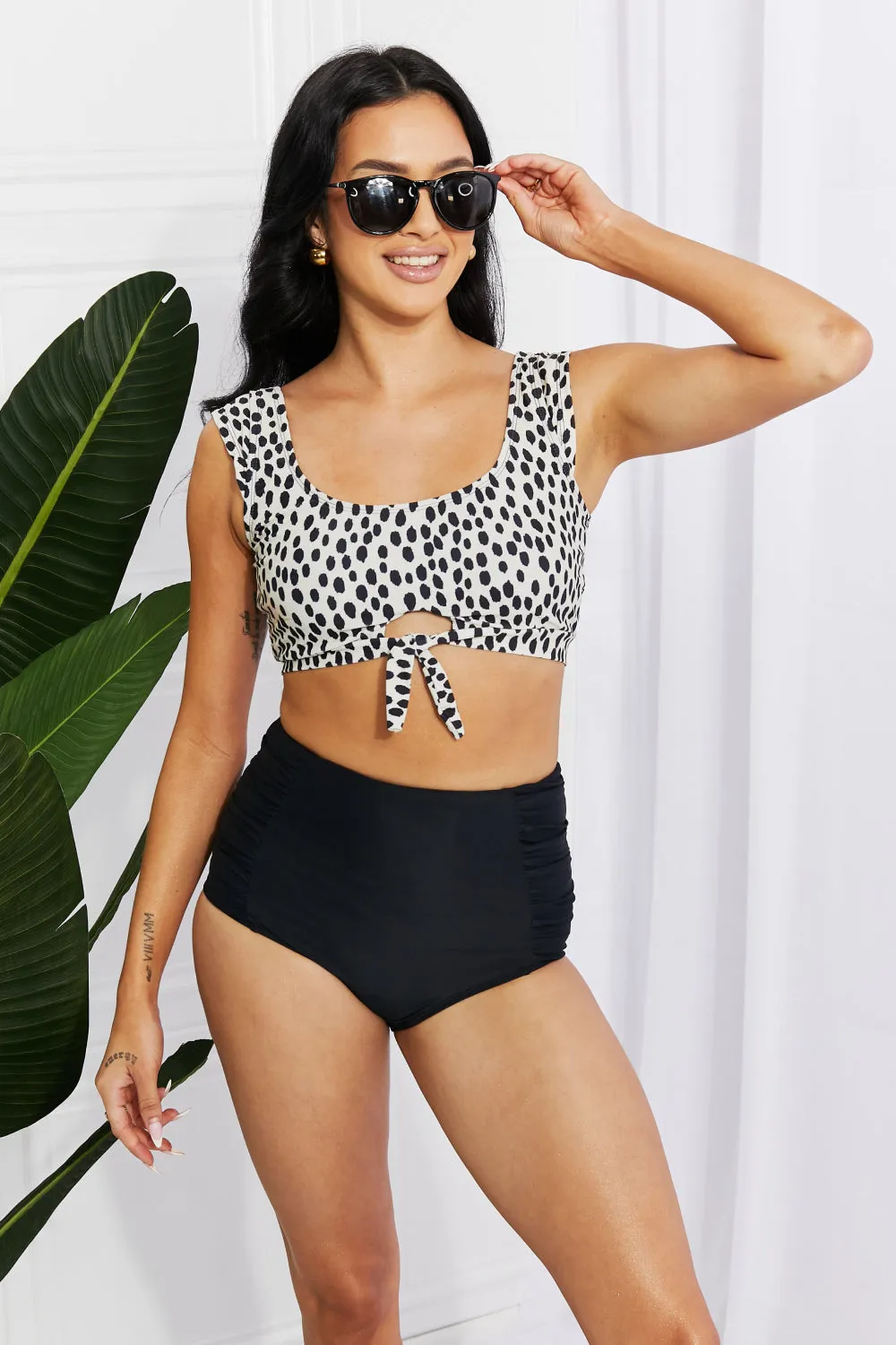 Sanibel Crop Swim Top and Ruched Bottoms Set (Black)