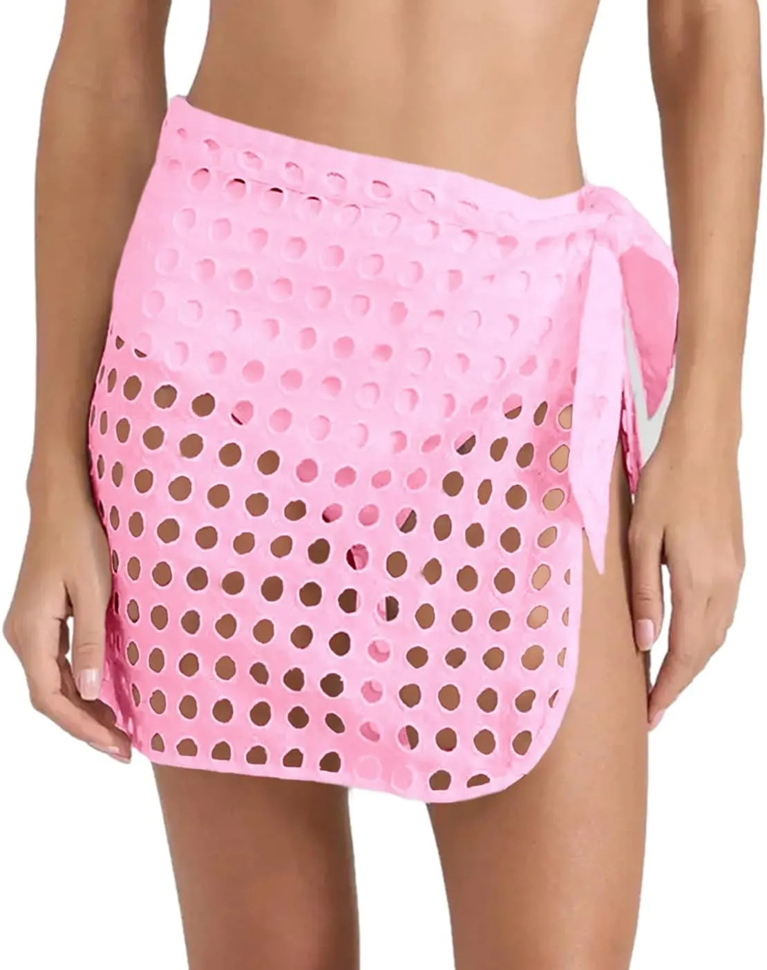 Saodimallsu Women's Crochet Cover Up Skirt 2024 Beach Mesh Slit Tie Waist Mini Wrap Skirts Pareo Swimwear Coverups