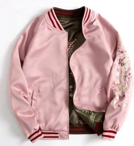 Satin Phoenix Embroidery Baseball Jacket Women Double Sided Female Bomber Jacket,Pink,M