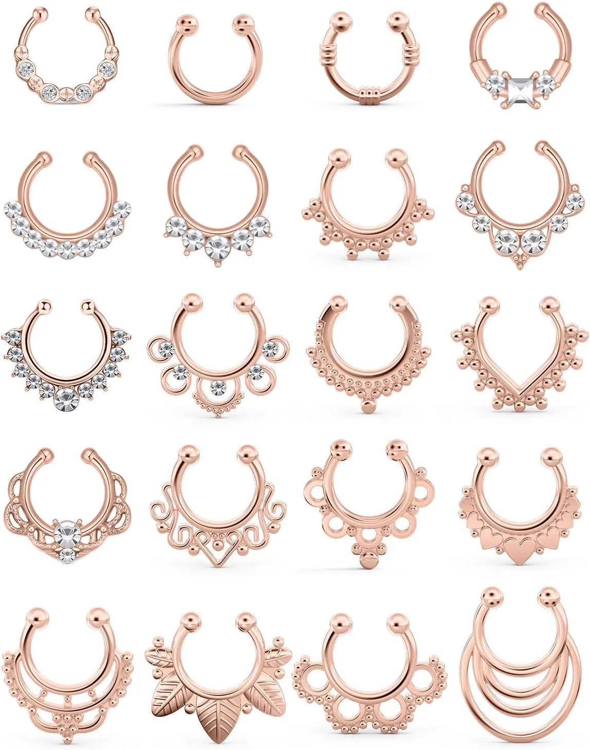 SCERRING Fake Septum Nose Hoop Rings Clear CZ Faux Non Pierced Clicker Hanger Nose Septum Ring Clip On Body Piercing Jewelry 20PCS