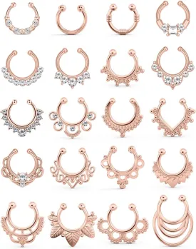 SCERRING Fake Septum Nose Hoop Rings Clear CZ Faux Non Pierced Clicker Hanger Nose Septum Ring Clip On Body Piercing Jewelry 20PCS