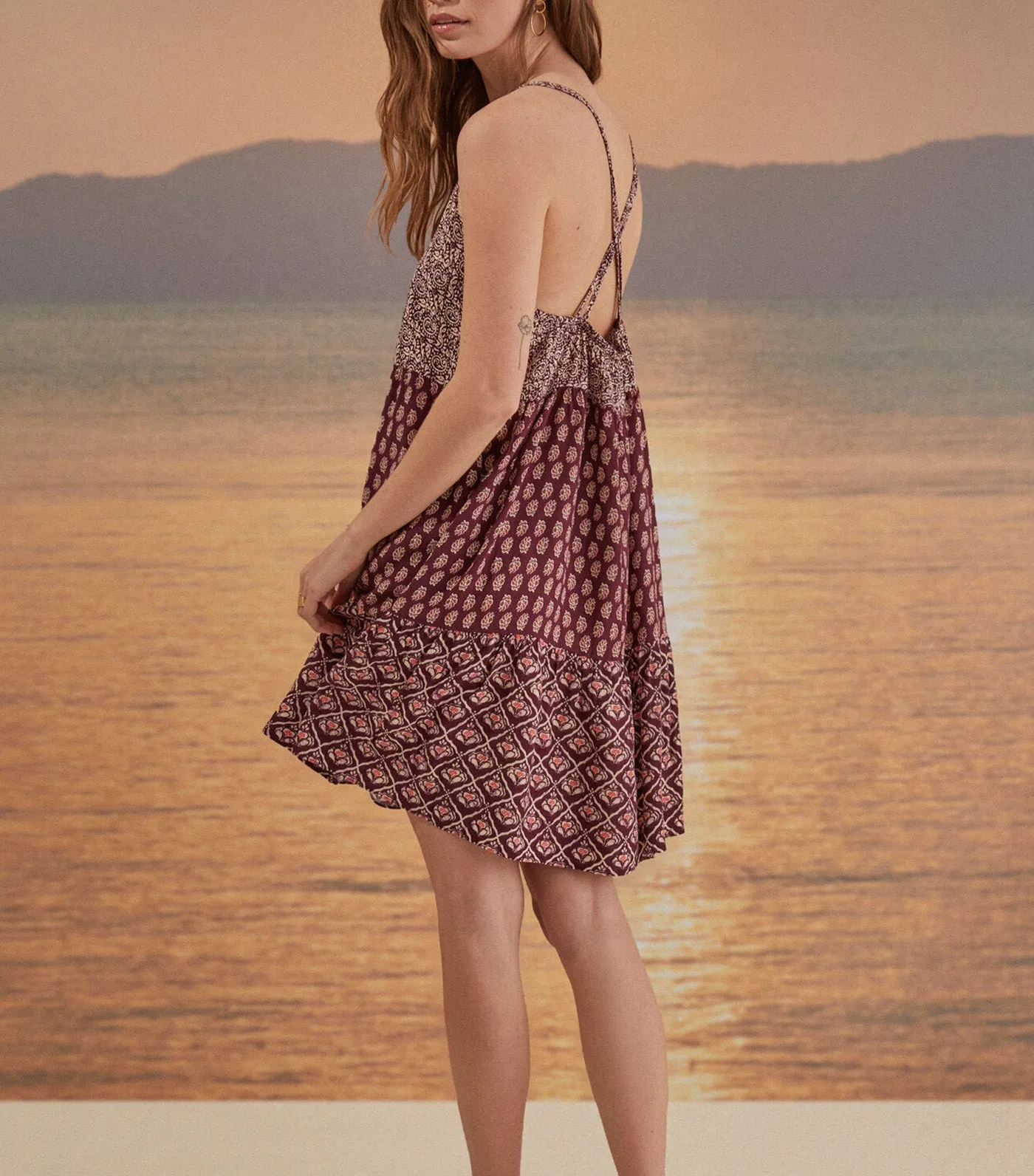 Short Printed Strappy Dress Maroon