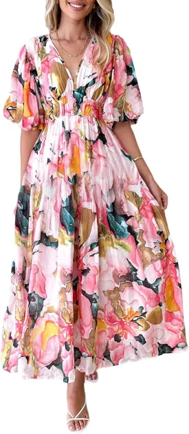 Sissyaki Women's Boho Floral Midi Dress Smocked Beach Flowy Dress