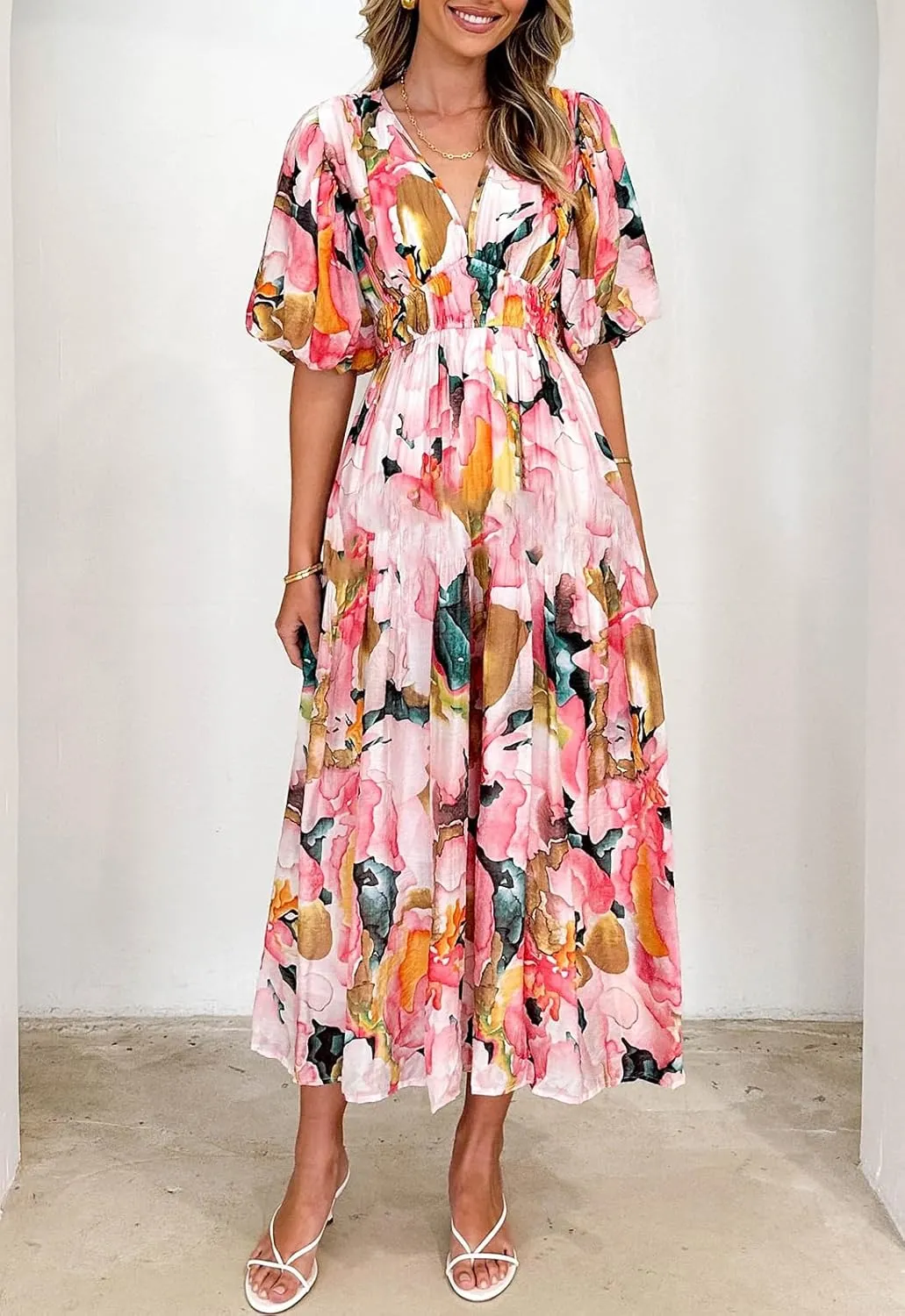 Sissyaki Women's Boho Floral Midi Dress Smocked Beach Flowy Dress