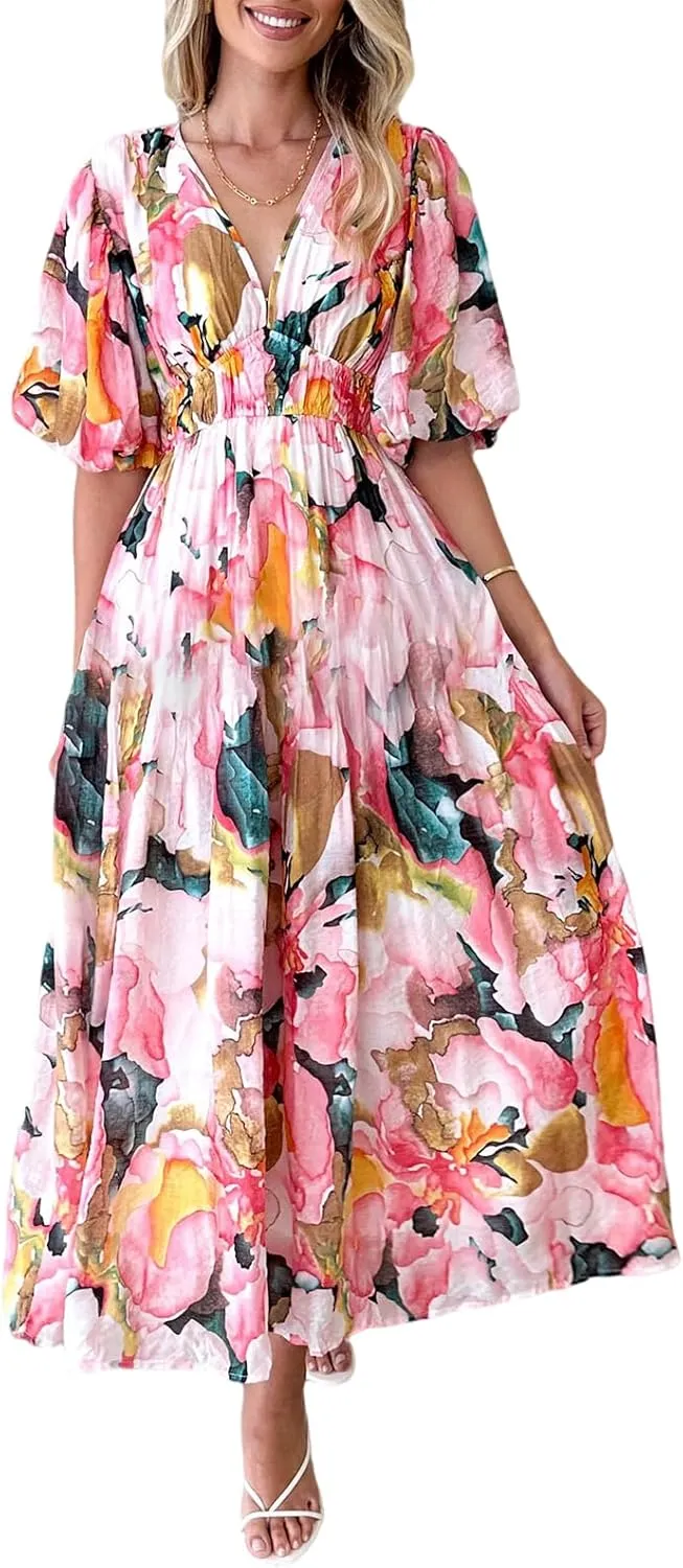 Sissyaki Women's Boho Floral Midi Dress Smocked Beach Flowy Dress
