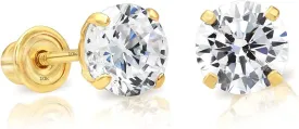 Solid 10k Yellow Gold Solitaire Round Cubic Zirconia Stud Earrings in Secure Screw-backs