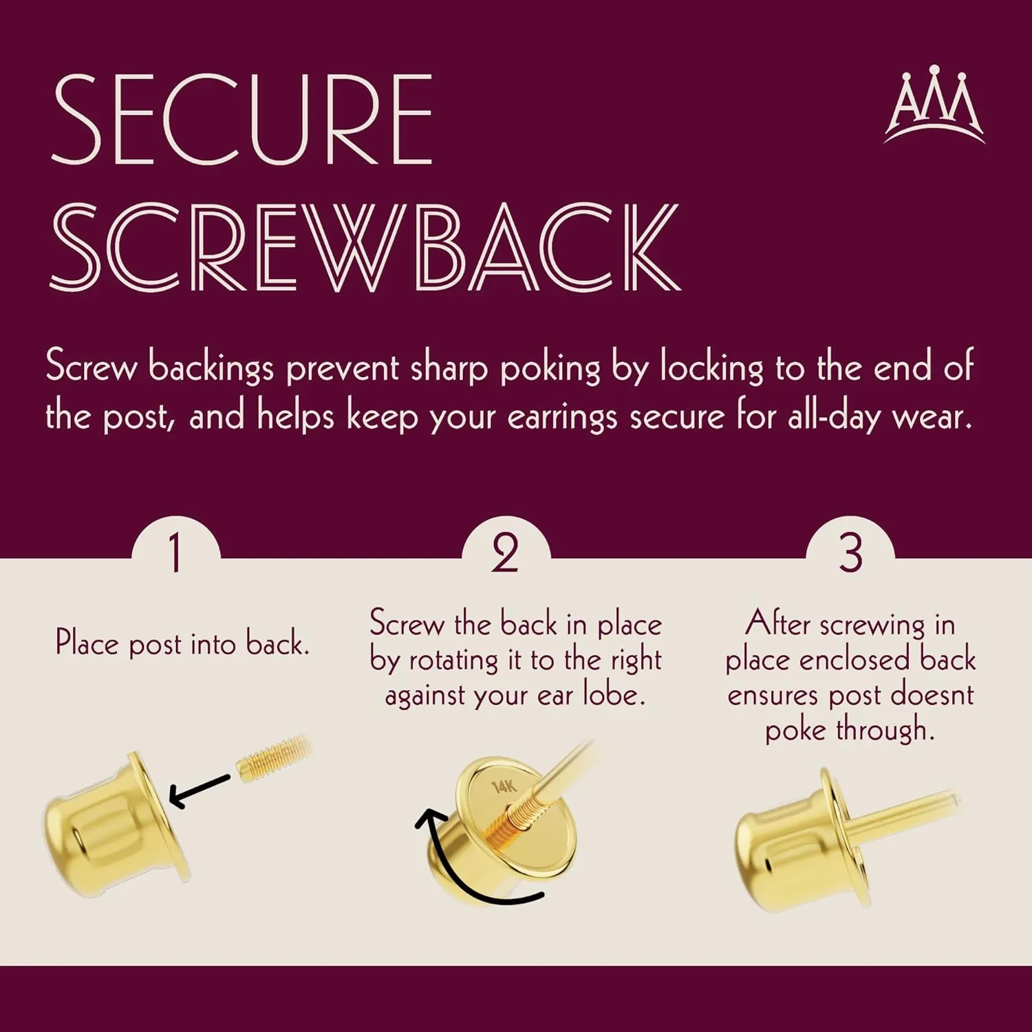 Solid 10k Yellow Gold Solitaire Round Cubic Zirconia Stud Earrings in Secure Screw-backs