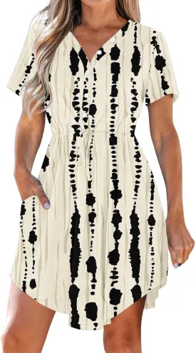 Summer Floral Boho Dresses for Women 2025 Casual Ruched V Neck Short Sleeve Mini Dress Drawstring Outfits with Pocket