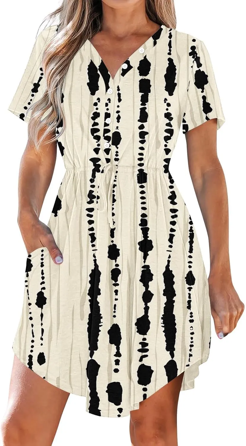 Summer Floral Boho Dresses for Women 2025 Casual Ruched V Neck Short Sleeve Mini Dress Drawstring Outfits with Pocket