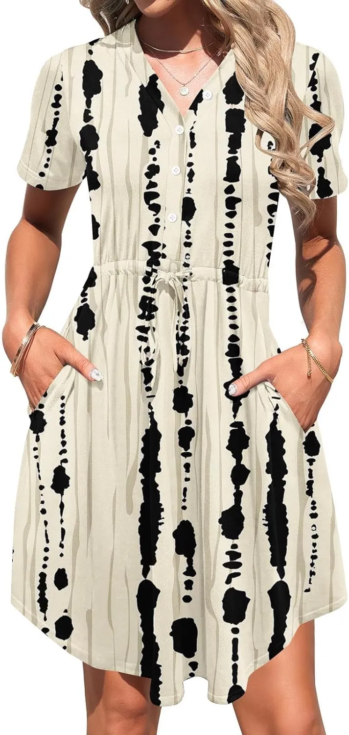 Summer Floral Boho Dresses for Women 2025 Casual Ruched V Neck Short Sleeve Mini Dress Drawstring Outfits with Pocket
