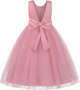 Uhnice Flower Girl Dress Satin Ball Gown for Wedding Party with Bowknot