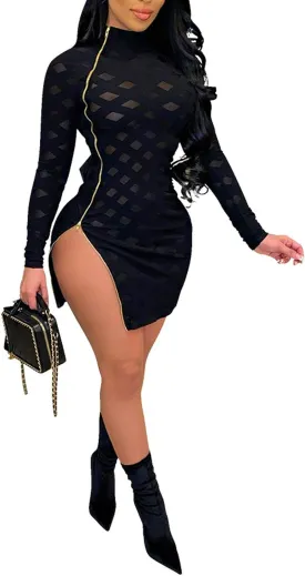 Uni Clau Women Sexy Sheer Mesh Boydcon Midi Dress See Through Printed Long Sleeve Midi Skinny Clubwear Party Dress