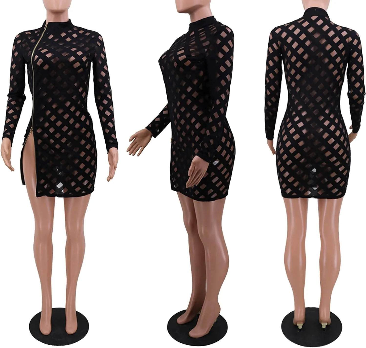 Uni Clau Women Sexy Sheer Mesh Boydcon Midi Dress See Through Printed Long Sleeve Midi Skinny Clubwear Party Dress