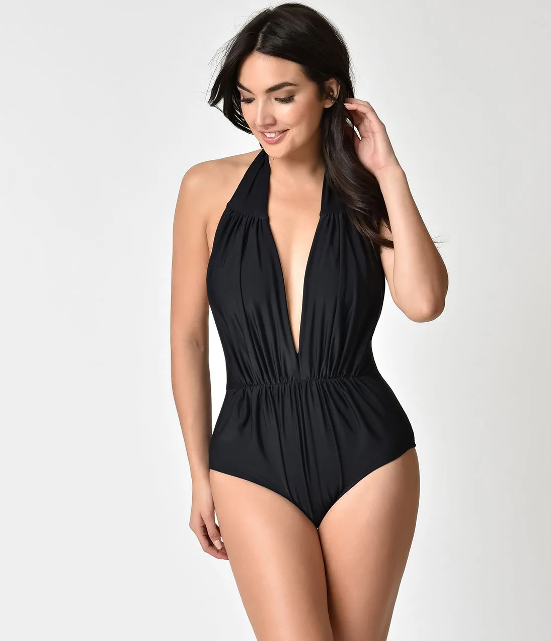 Unique Vintage Black Halter Shirred Derek One Piece Swimsuit