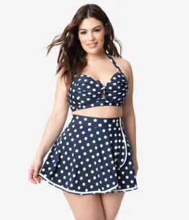 Unique Vintage Plus Size 1950s Mrs. West Navy Blue & White Polka Dot Halter Swim Top