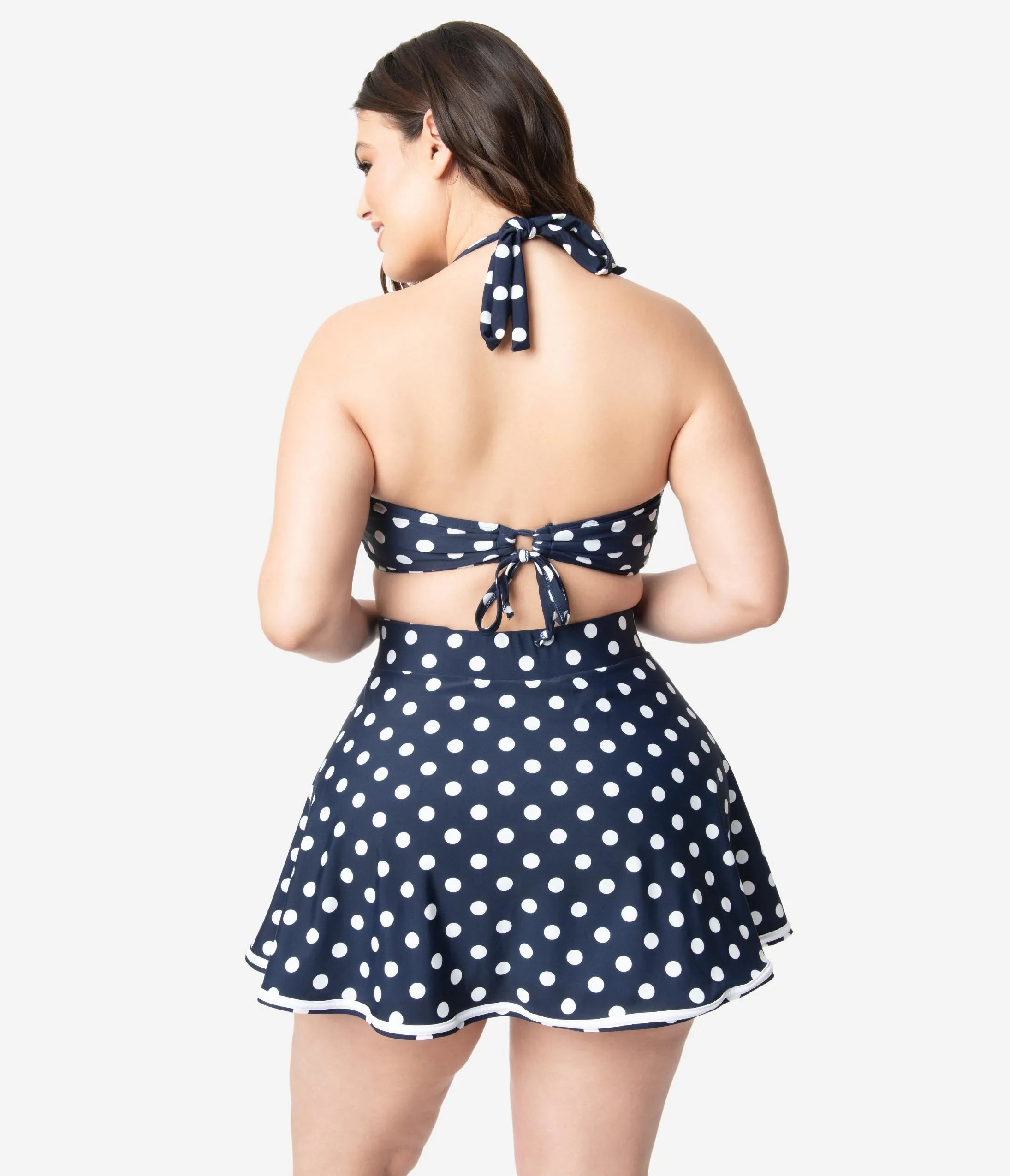Unique Vintage Plus Size 1950s Mrs. West Navy Blue & White Polka Dot Halter Swim Top