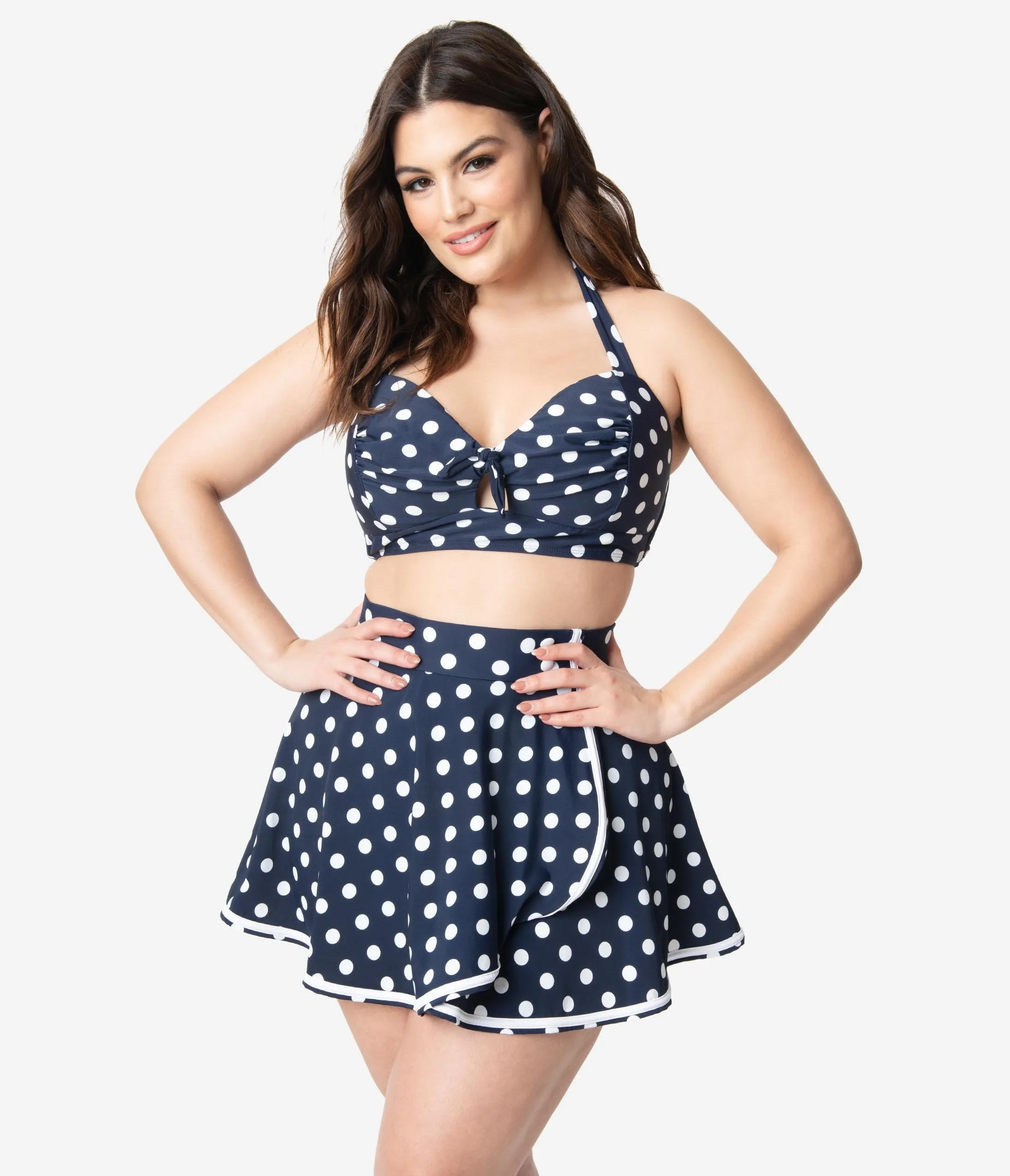 Unique Vintage Plus Size 1950s Mrs. West Navy Blue & White Polka Dot Halter Swim Top