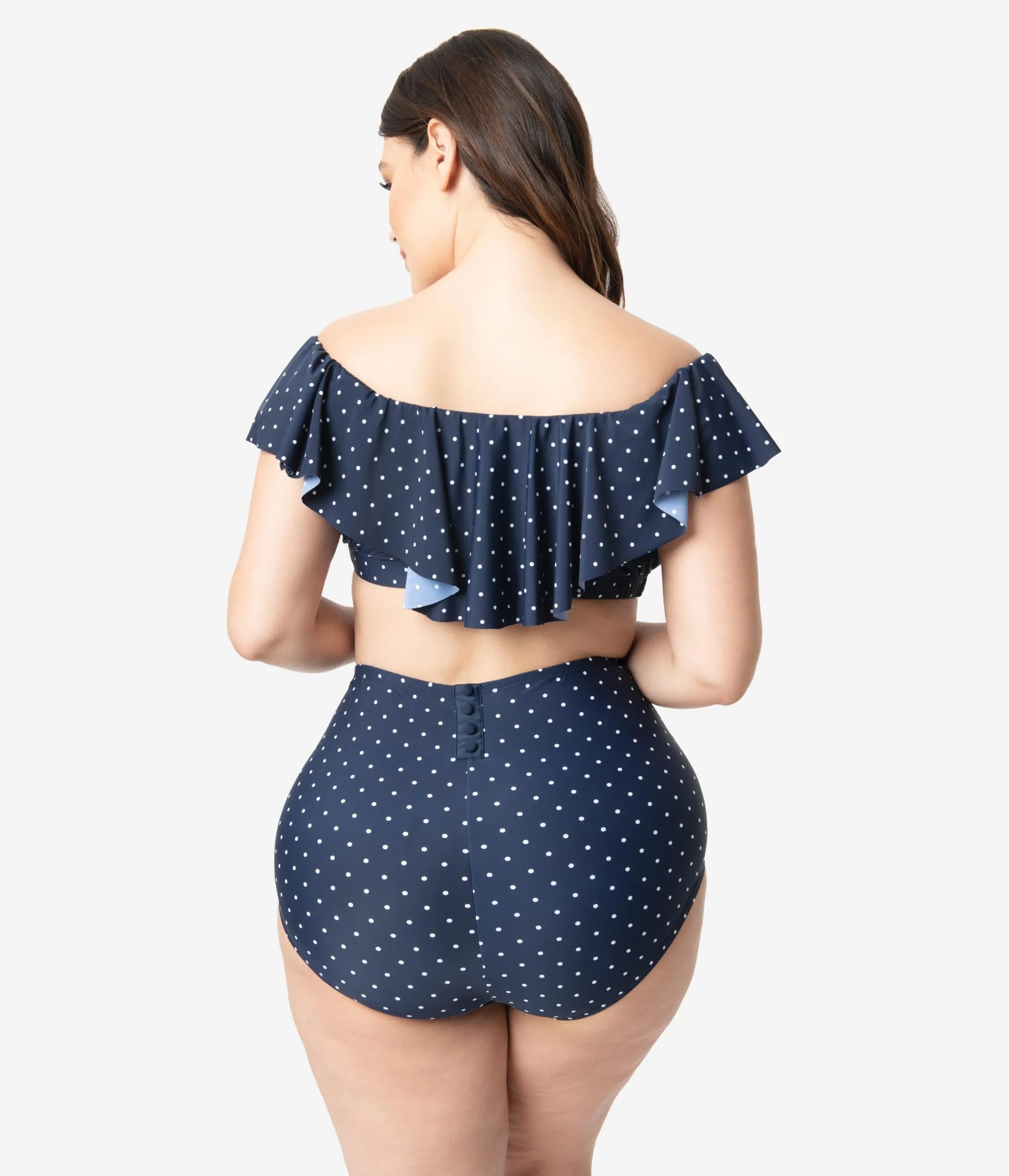 Unique Vintage Plus Size Navy & White Pin Dot Ruffled Ramona Swim Top