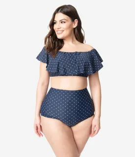 Unique Vintage Plus Size Navy & White Pin Dot Ruffled Ramona Swim Top
