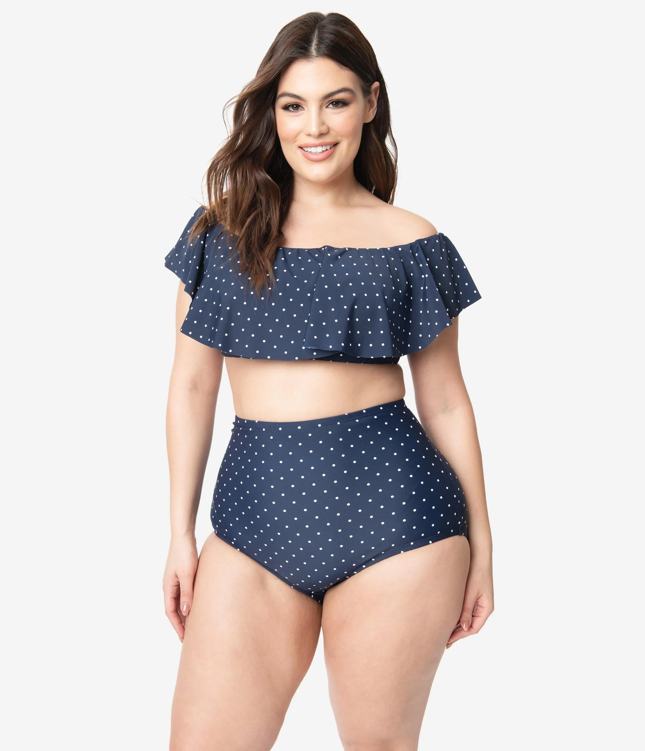 Unique Vintage Plus Size Navy & White Pin Dot Ruffled Ramona Swim Top