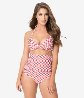 Unique Vintage Red & White Gingham Print Monroe Halter Swim Top