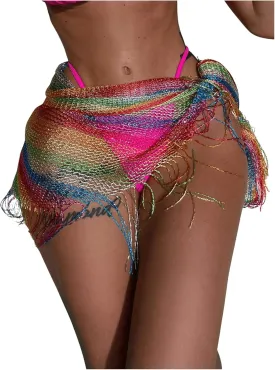 WDIRARA Women's Tie Side Fringe Beach Sarongs Hollow Out Cover Up Skirt Short Bikini Wraps with Tassel